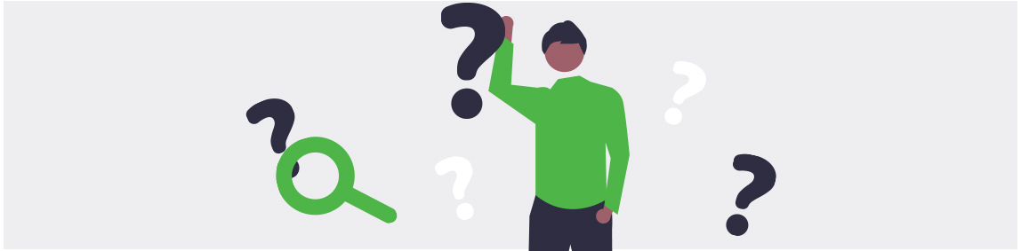 A person looking confused with question marks around them.