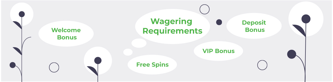 Brainstorming bubbles image, with the word “Wagering Requirements” in the main middle bubble and other words like “Welcome Bonus”, “Deposit Bonus”, “VIP Bonus”, “Free Spins”, etc. in the offshoot bubbles.